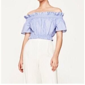 Zara Basics top, medium, blue & white with bow; off the shoulder